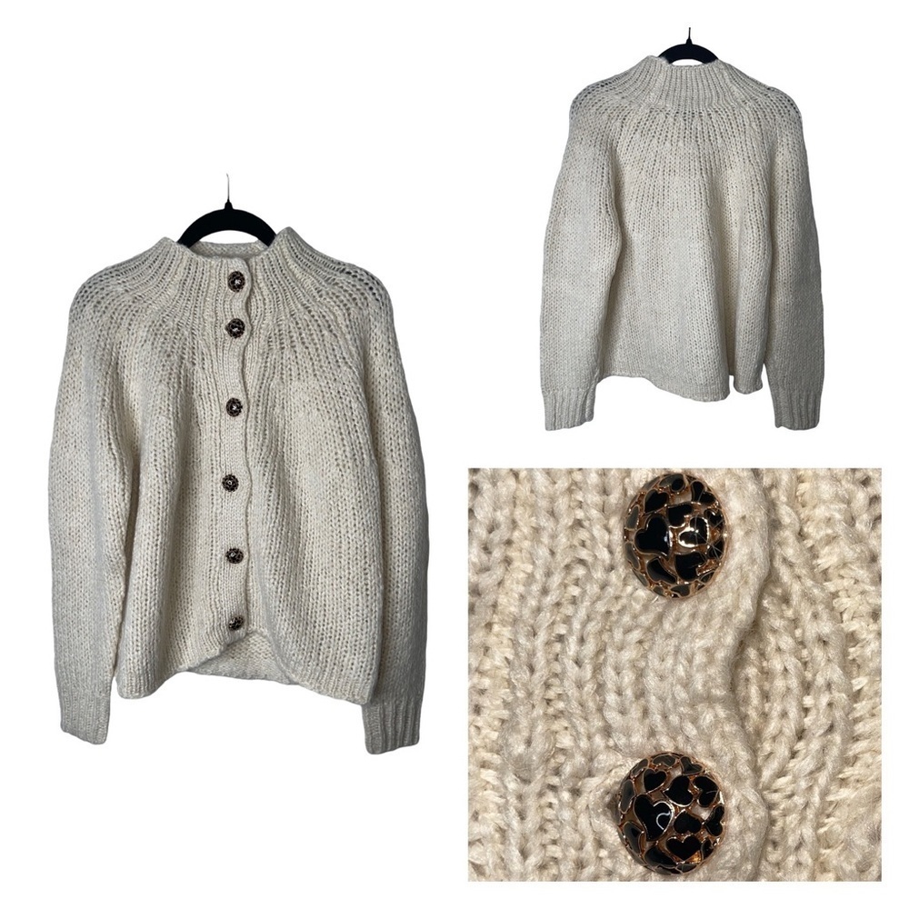 ZARA Cream Open Knit Jewel Buttons Chunky Cardigan Sweater Small